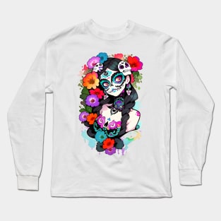 Beautiful Girl with Sugar Skull Makeup - Mexican, Halloween, Tattoo, Calavera, Day of the Dead, Gift idea, Birthday gifts, Christmas gifts, Long Sleeve T-Shirt